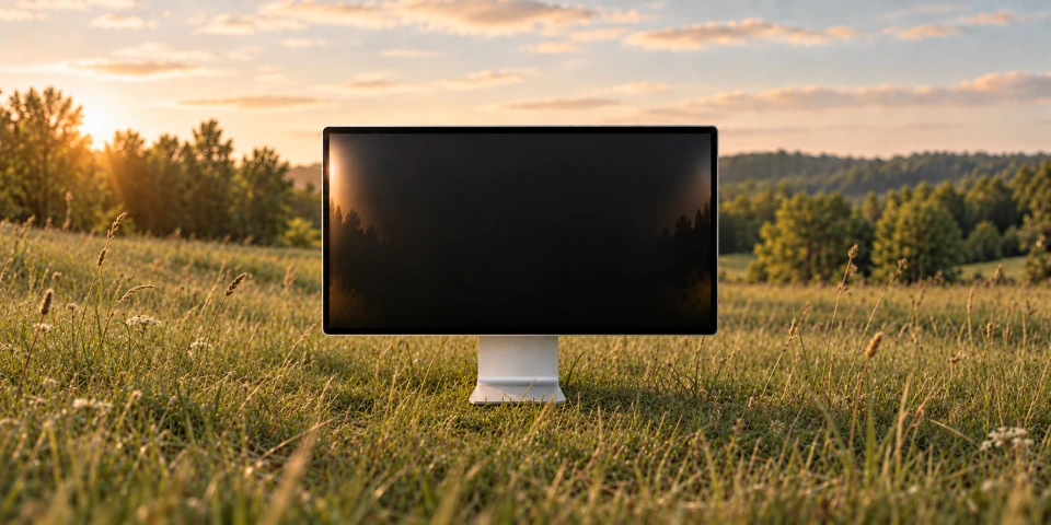 A thin silver display set into natural meadow grass