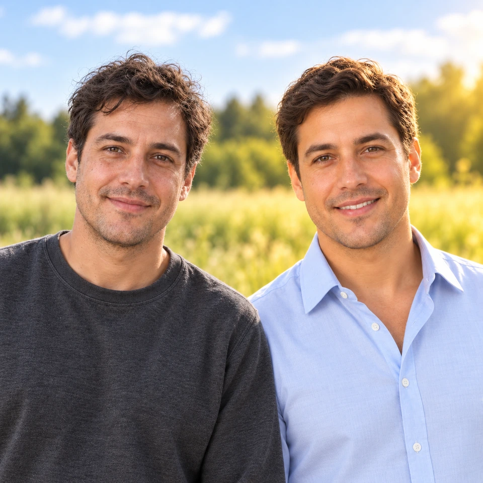 The same man as his everyday self in neutral light and as a neatly styled digital employee in warm meadow light