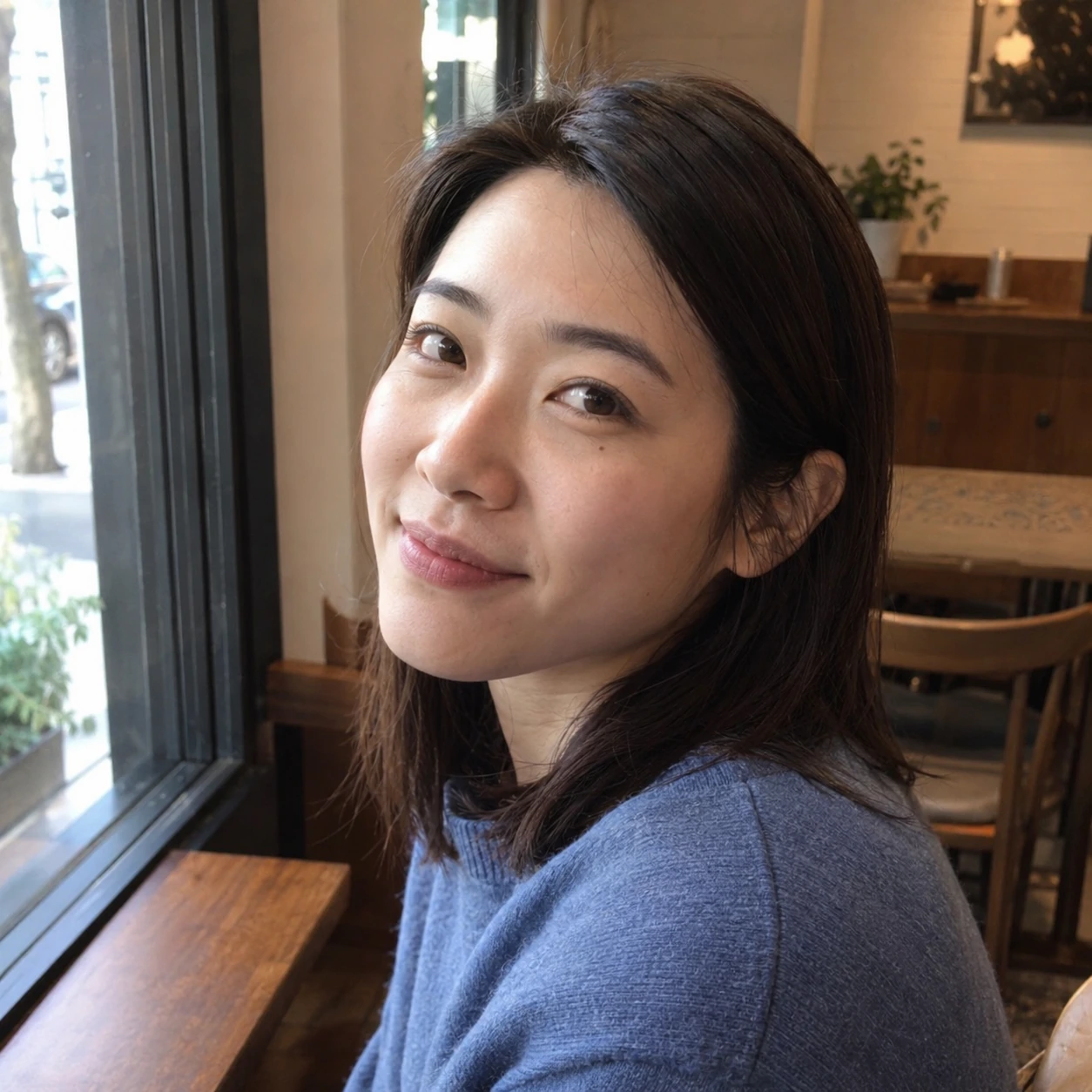 A fictional woman in a casual café profile photo.